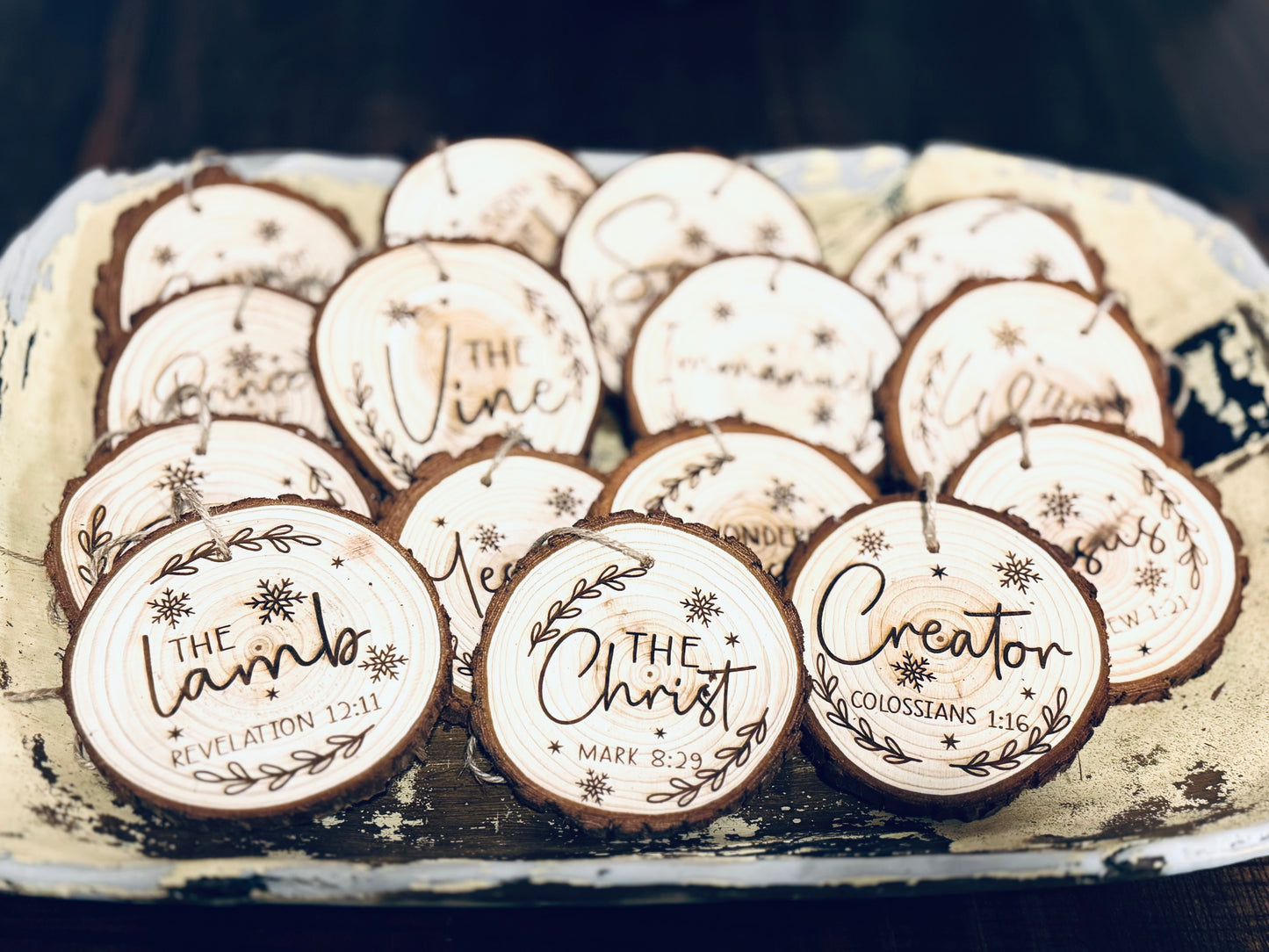 Wooden Laser-Engraved “Names of Jesus” Ornament Set of 12 • Christian Gift • Scripture Decor • Christmas Tree Ornaments • Fast Shipping